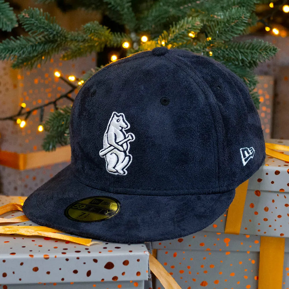 NEW ERA 59FIFTY MLB CHICAGO CUBS 1908 LOGO NAVY FAUX SUEDE GREEN UV