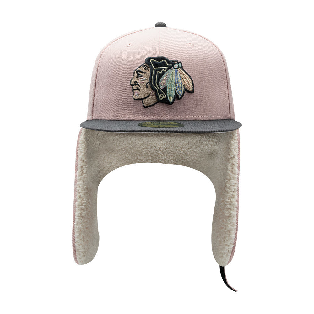 CHICAGO BLACKHAWKS NHL PASTEL PINK DARK GREY TWO TONE BEIGE UV / NEW ERA 59FIFTY DOGEAR CAP