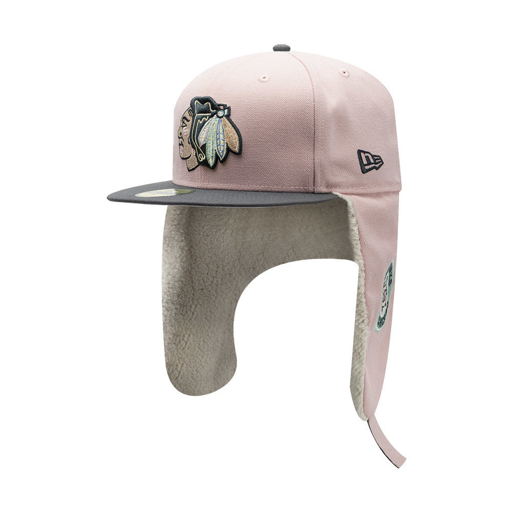 CHICAGO BLACKHAWKS NHL PASTEL PINK DARK GREY TWO TONE BEIGE UV / NEW ERA 59FIFTY DOGEAR CAP