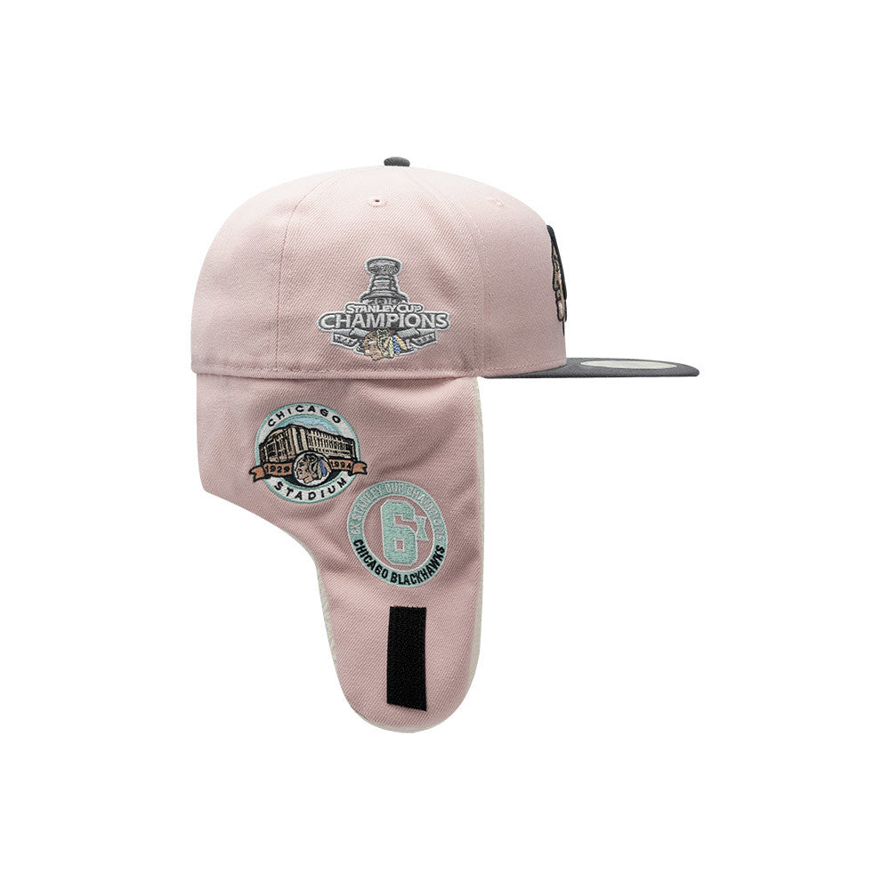 CHICAGO BLACKHAWKS NHL PASTEL PINK DARK GREY TWO TONE BEIGE UV / NEW ERA 59FIFTY DOGEAR CAP