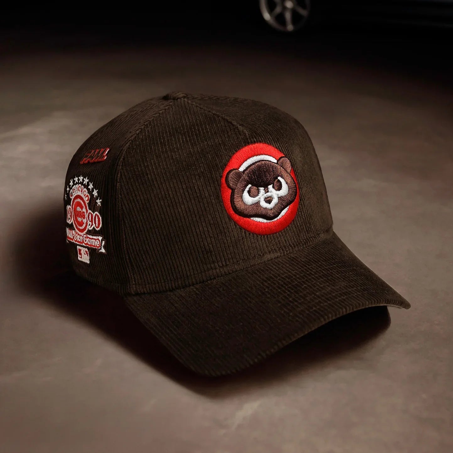 Black cap with a bear patch on a dark surface