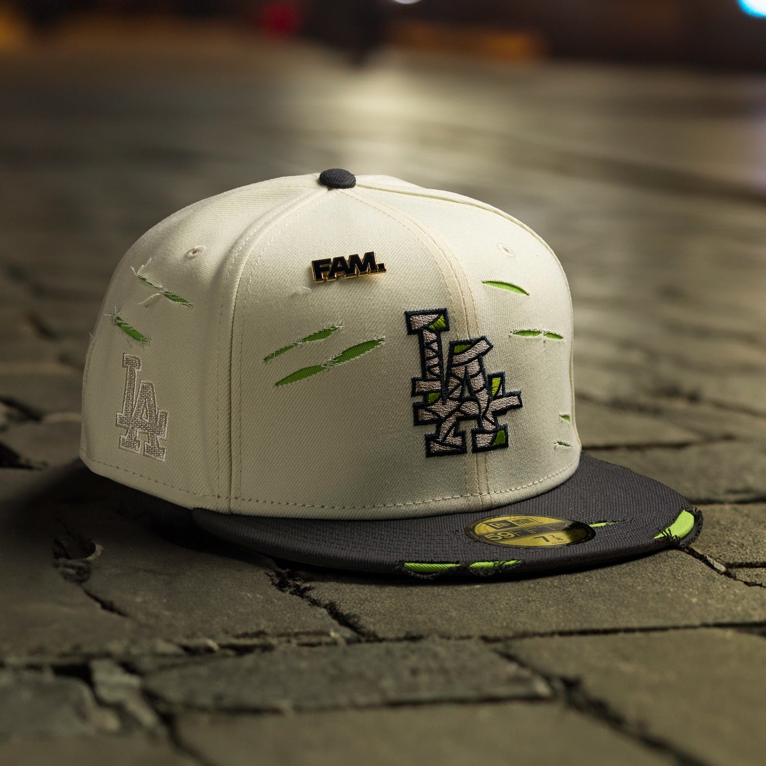 LOS ANGELES DODGERS MLB MUMMIFIED CREAM NEON GREEN TWO TONE GREY UV / NEW ERA 59FIFTY CAP