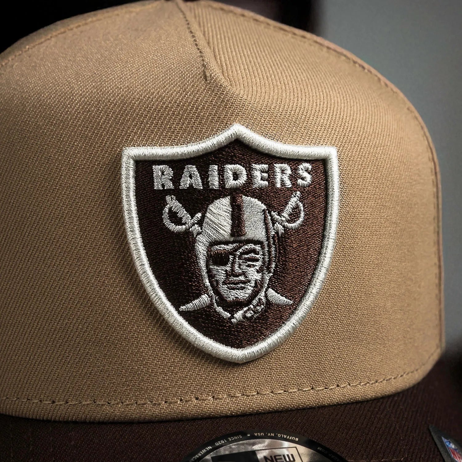 Brown cap with Raiders logo on a blurred background