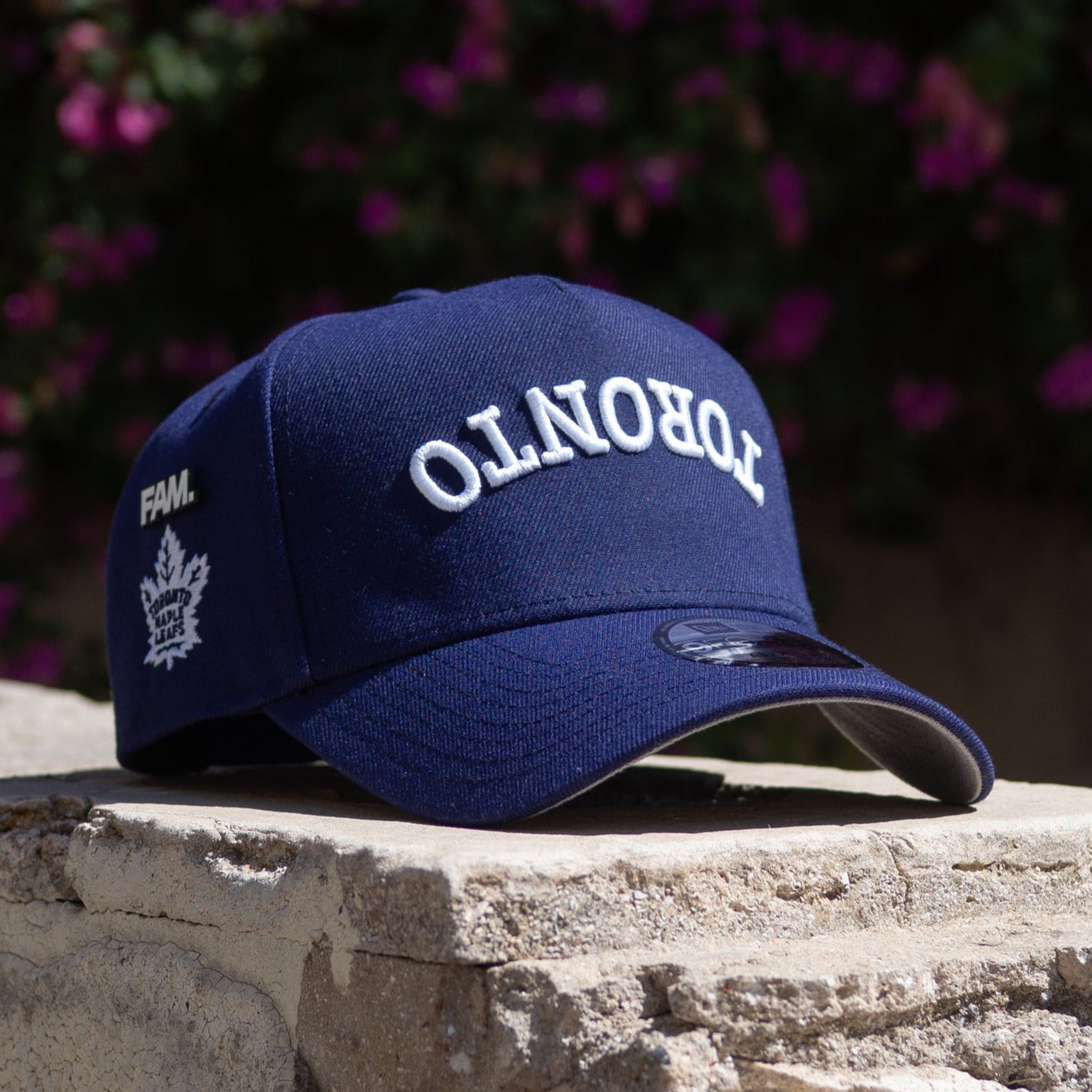 Blue cap with 'Toronto' and maple leaf logo on a stone surface with blurred floral background