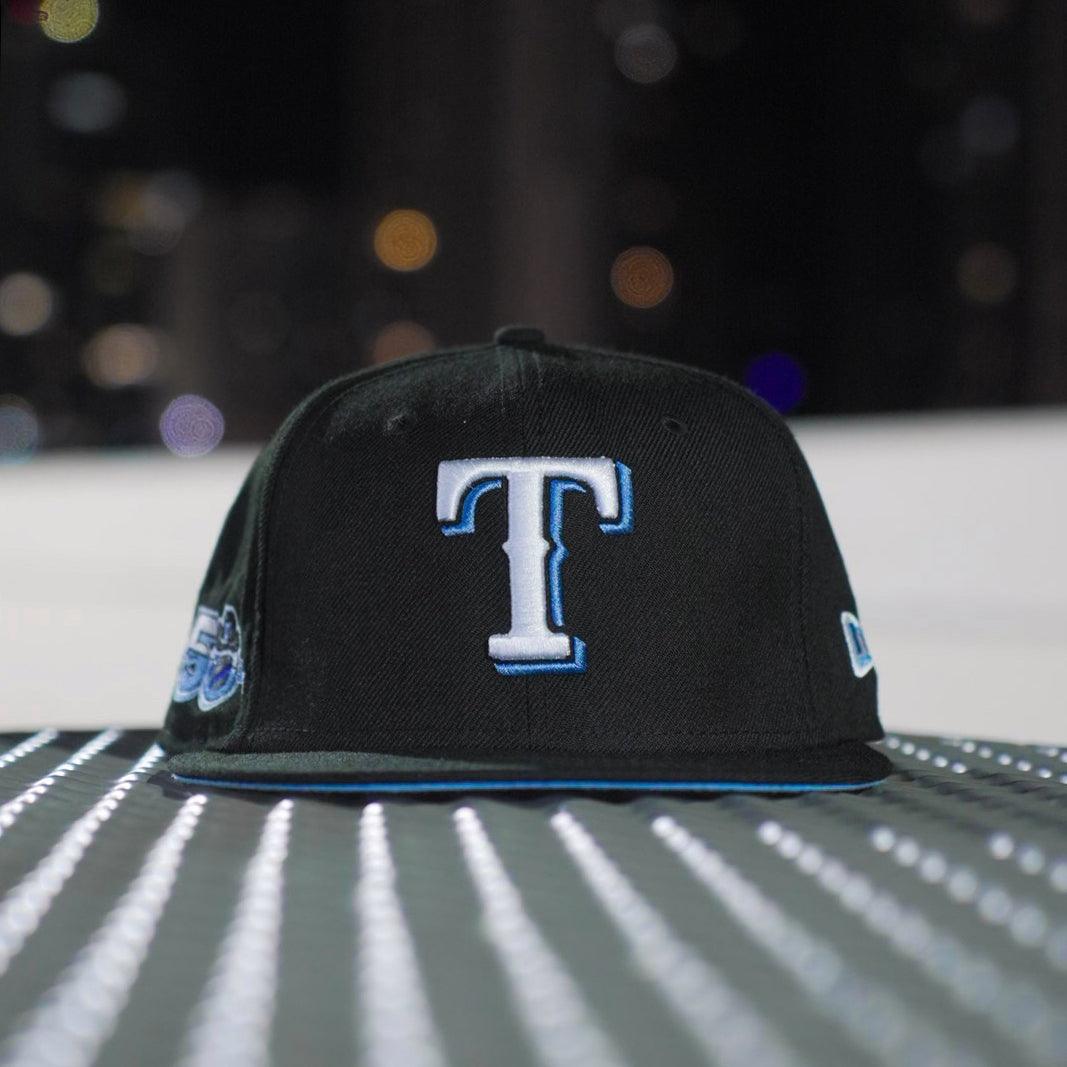 EXCLUSIVE NEW ERA 59FIFTY MLB TEXAS RANGERS 50TH ANNIVERSARY BLACK / BIRDSEYE BLUE UV FITTED CAP - FAM