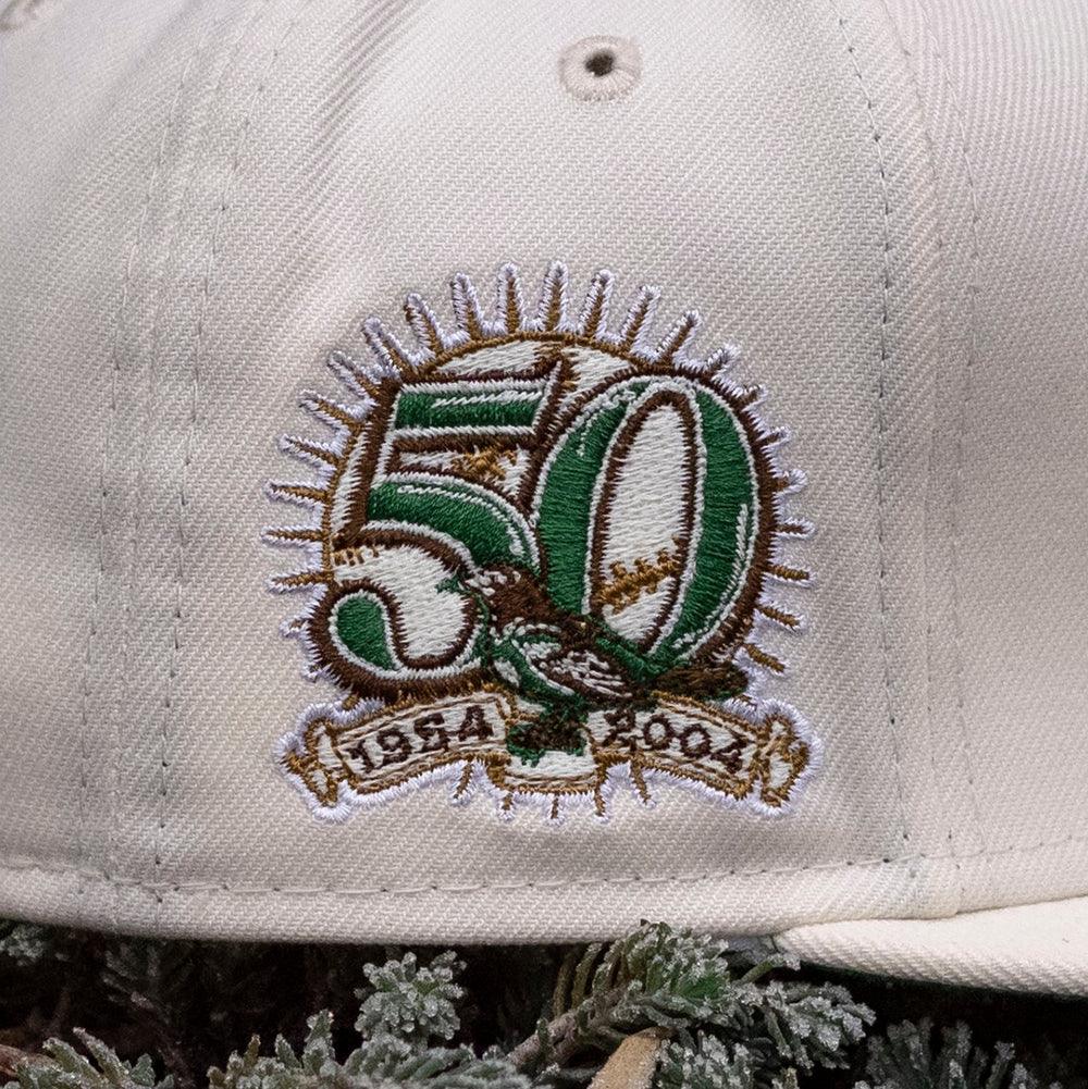 EXCLUSIVE NEW ERA 59FIFTY BALTIMORE ORIOLES MLB 50TH ANNIVERSARY CHROME WHITE / KELLY GREEN UV FITTED CAP ELF COLLECTION - FAM