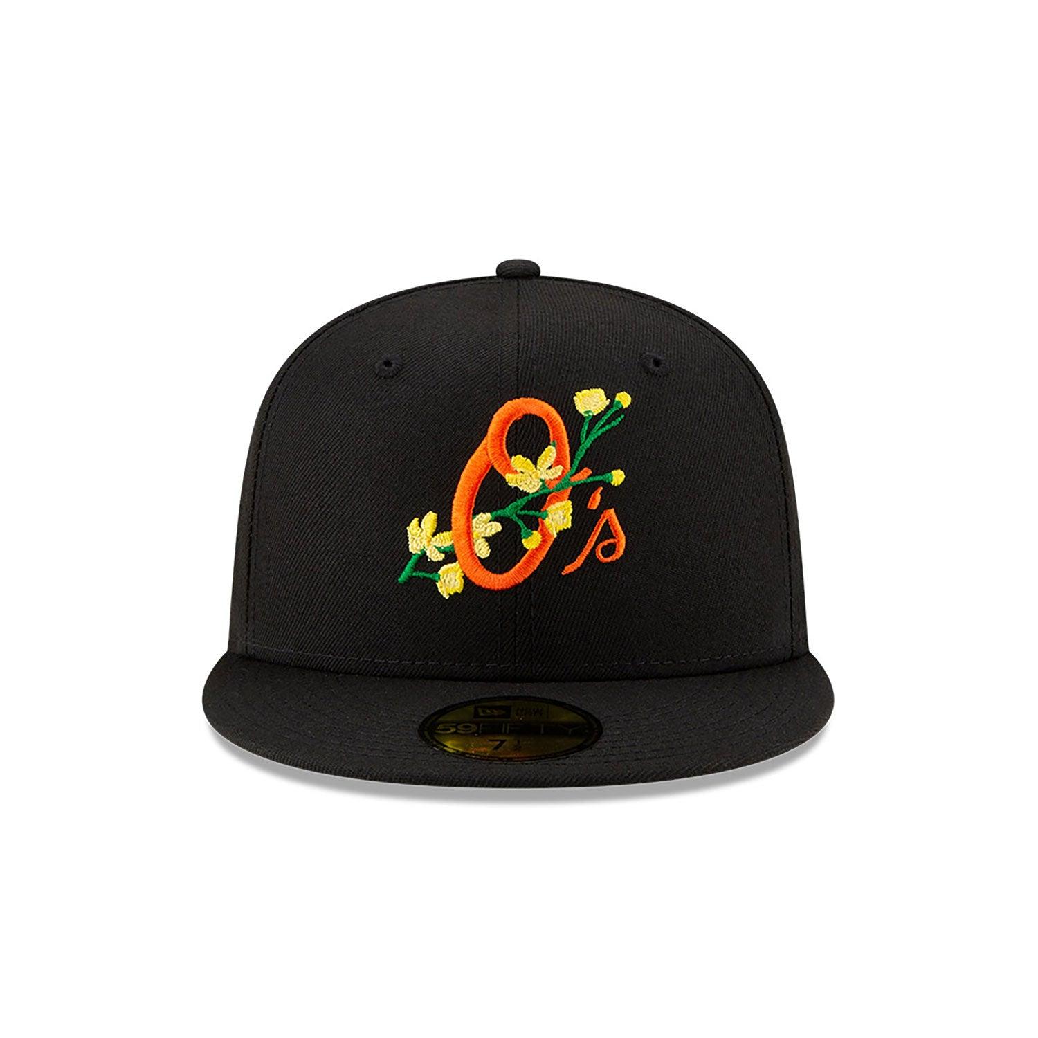 NEW ERA 59FIFTY MLB BALTIMORE ORIOLES SIDE PATCH BLOOM BLACK / SOFT YELLOW UV FITTED CAP - FAM
