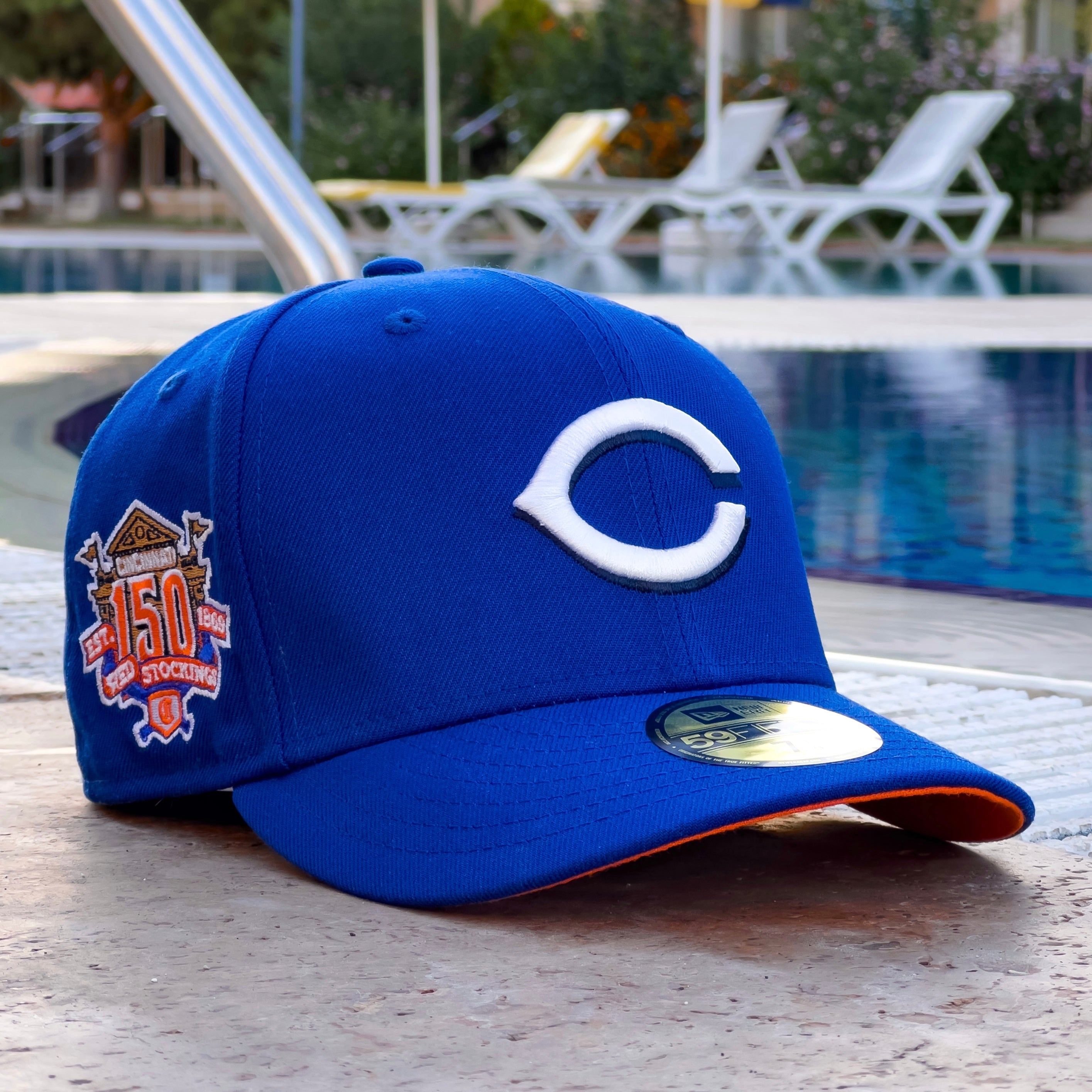LIMITED 59FIFTY MLB CINCINNATI REDS 150TH ANNIVERSARY LIGHT ROYAL / ORANGE UV FITTED CAP
