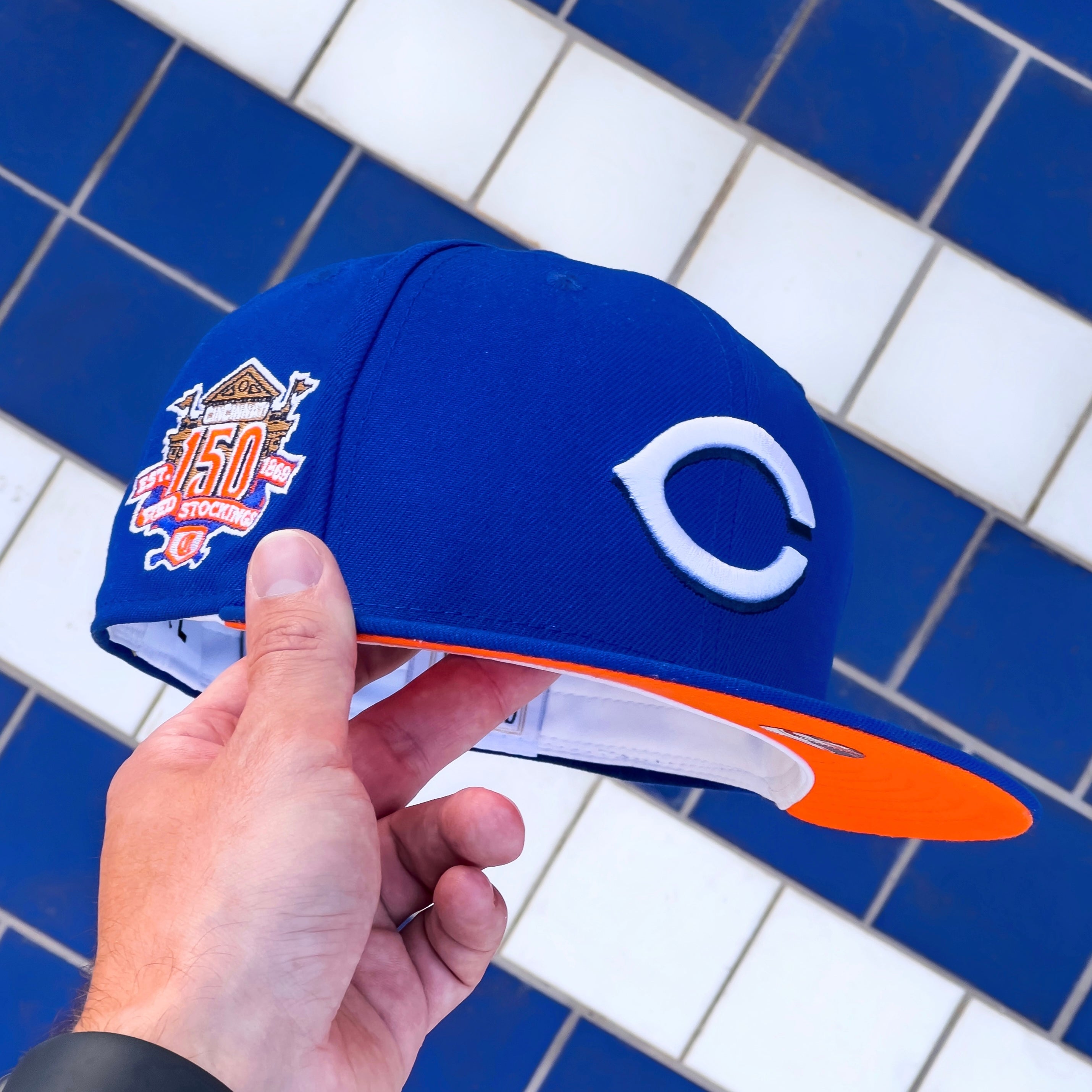 LIMITED 59FIFTY MLB CINCINNATI REDS 150TH ANNIVERSARY LIGHT ROYAL / ORANGE UV FITTED CAP